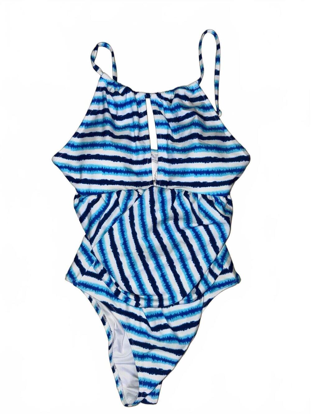 Cupshe women’s one piece blue white tie dye striped Swimsuit Sz Large high neck
